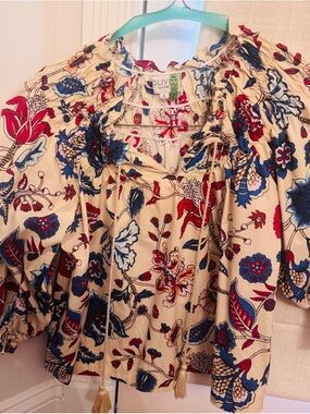 Olivia by Jane Cream Floral Peasant Blouse with Red & Blue Print